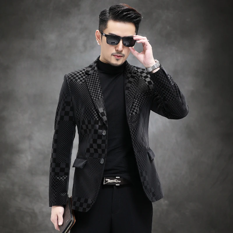 海宁男西装领春秋真皮皮衣时尚休闲西服修身格子商务韩版薄款外套