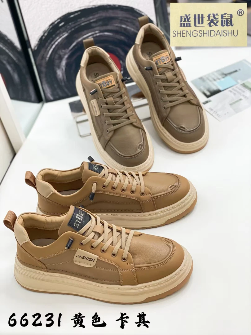 2024年复古潮鞋低帮新款男鞋真皮厚底松紧带百搭轻便好穿软底鞋子