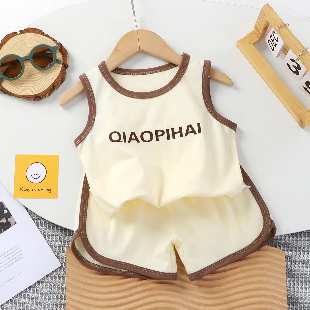 （100棉）透气薄款儿童女童运动婴儿男童洋气夏季无袖纯棉背心套装