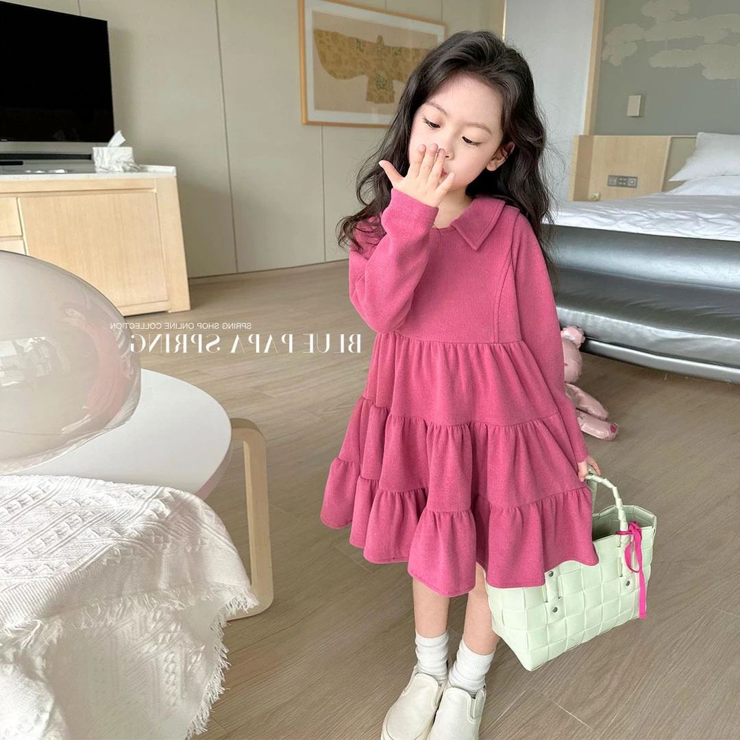 小女孩甜美公主裙秋装中大童秋季新款纯色休闲时髦翻领长袖蛋糕裙