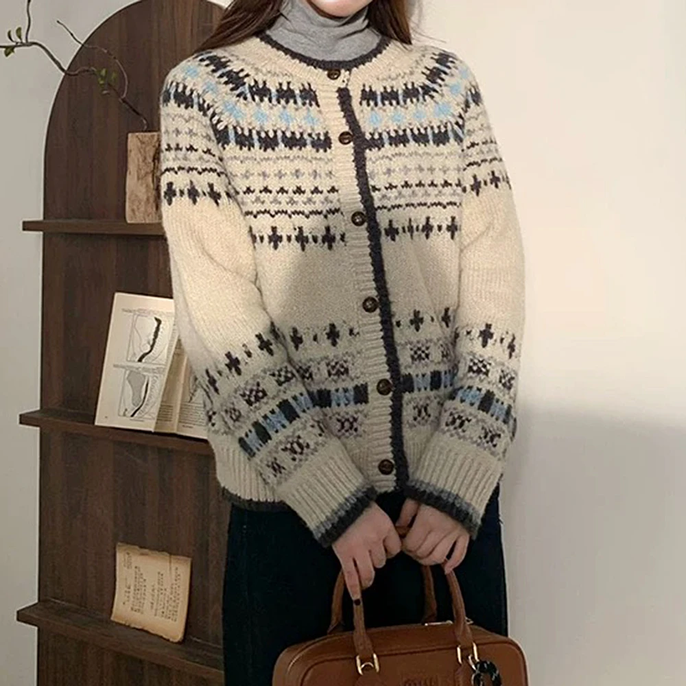 【Linxier】 韩系秋冬圆领套头蓝色费尔岛针织衫毛衣开衫女 A090