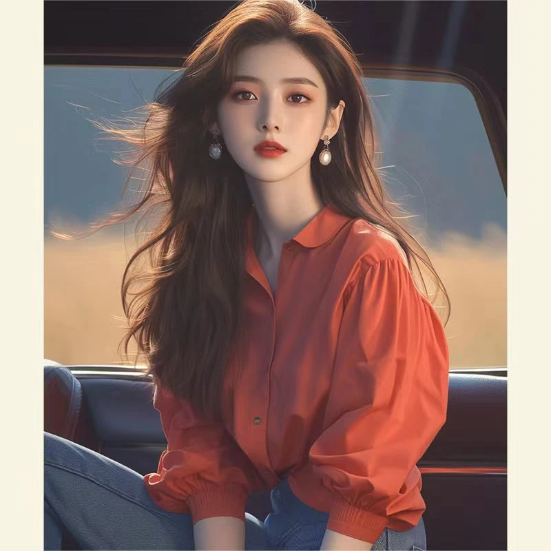 2024秋季韩系独特别致小衫高级感上衣洋气减龄绝美红色泡泡袖衬衫
