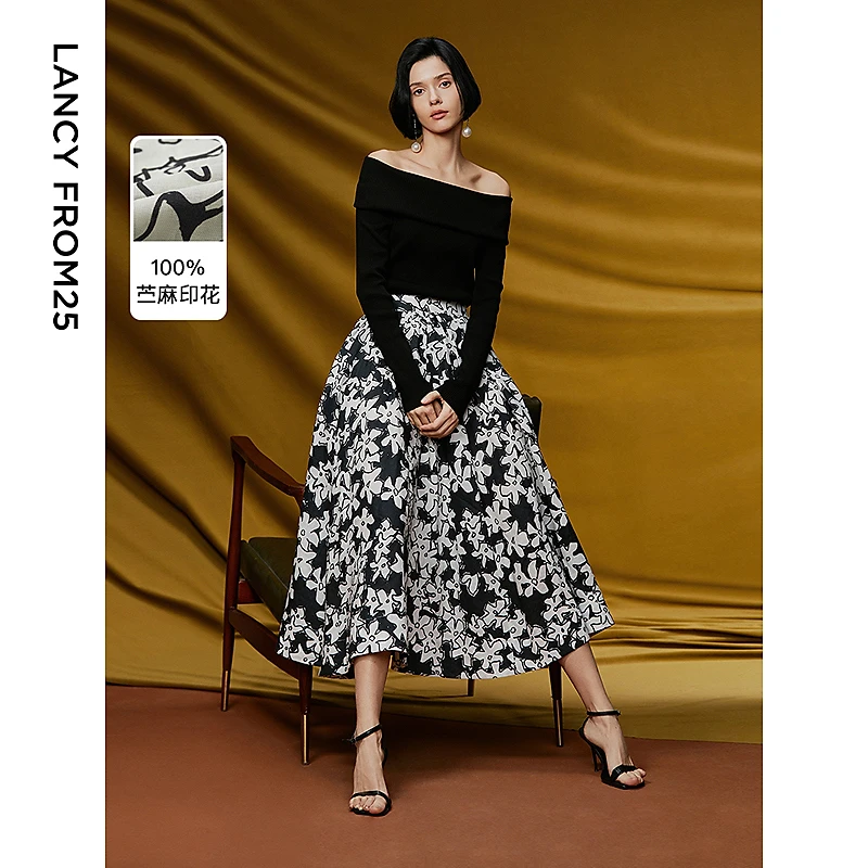 朗姿法式复古印花高级感半身裙2024年夏季新款a字长款气质裙子女