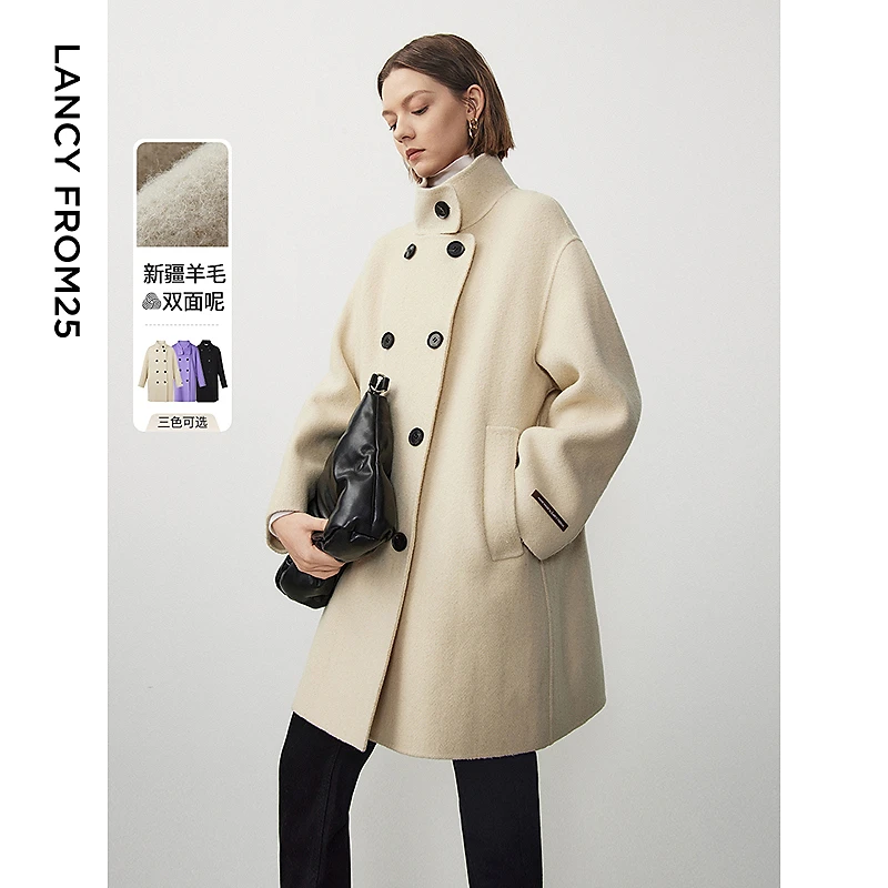 朗姿羊毛中长款加厚正肩双面呢毛呢大衣气质女士新款冬季外套上衣