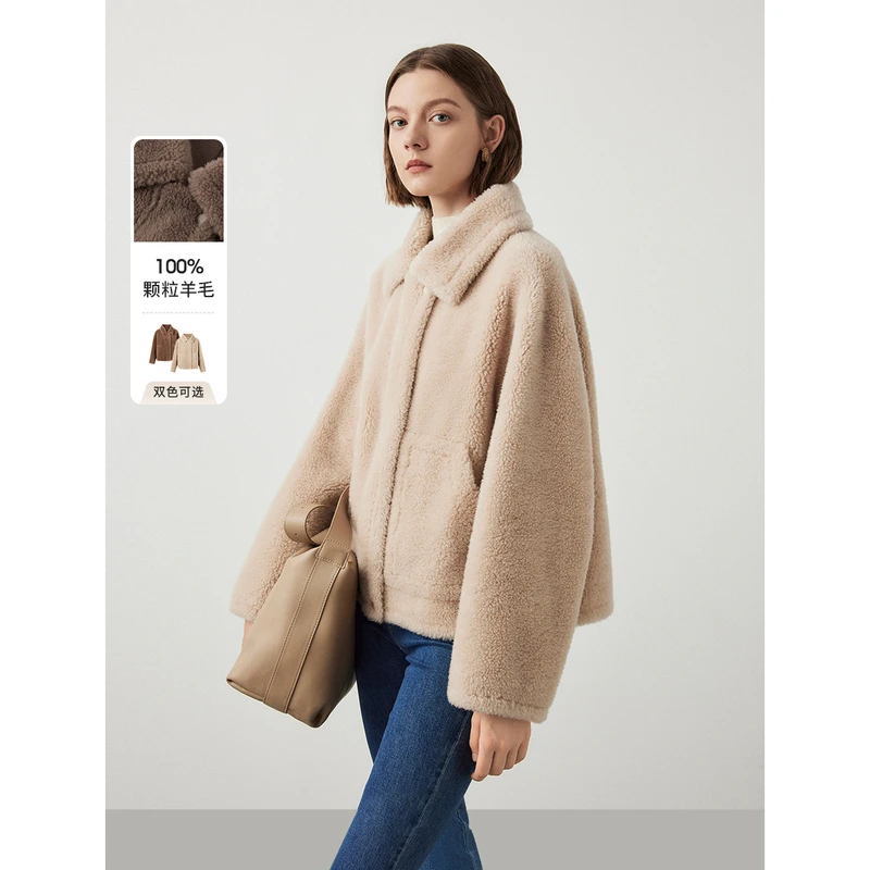 朗姿颗粒大衣气质翻领仿皮草夹克外套显瘦上衣女冬季新款时尚宽松
