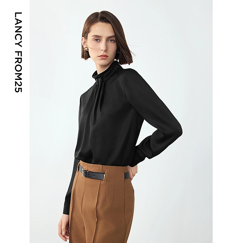 朗姿法式气质设计感醋酸衬衣2024冬季新款高级感法式内搭衬衫上衣