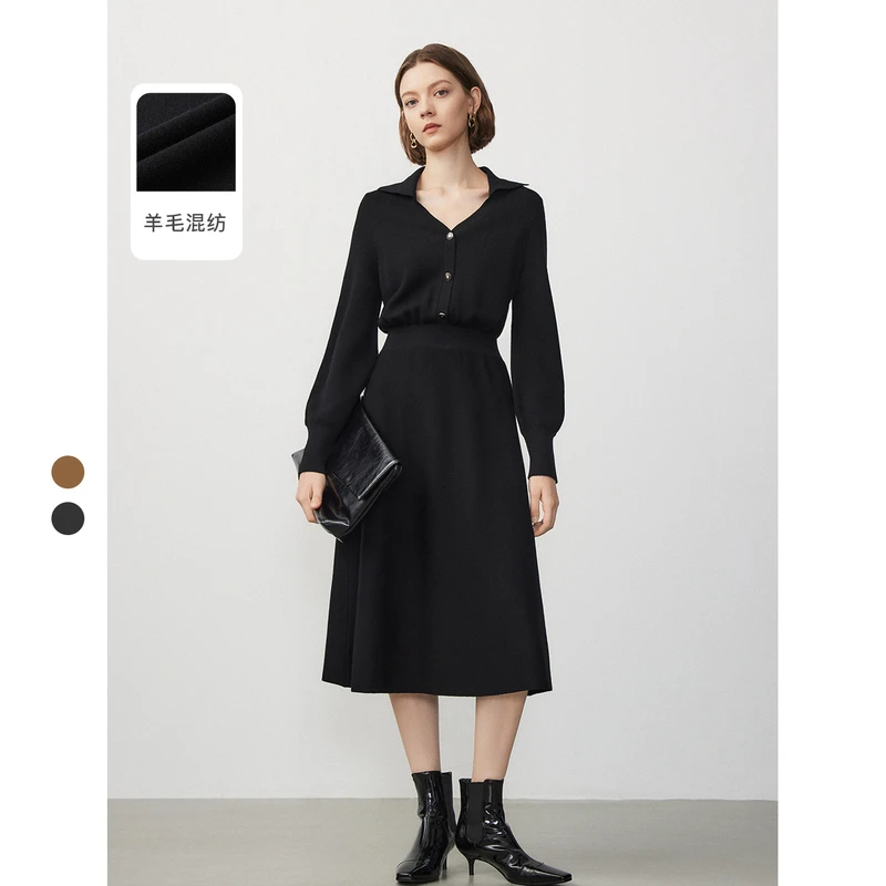 朗姿羊毛2023年冬季新款法式气质高级感显瘦长袖polo领连衣裙长裙