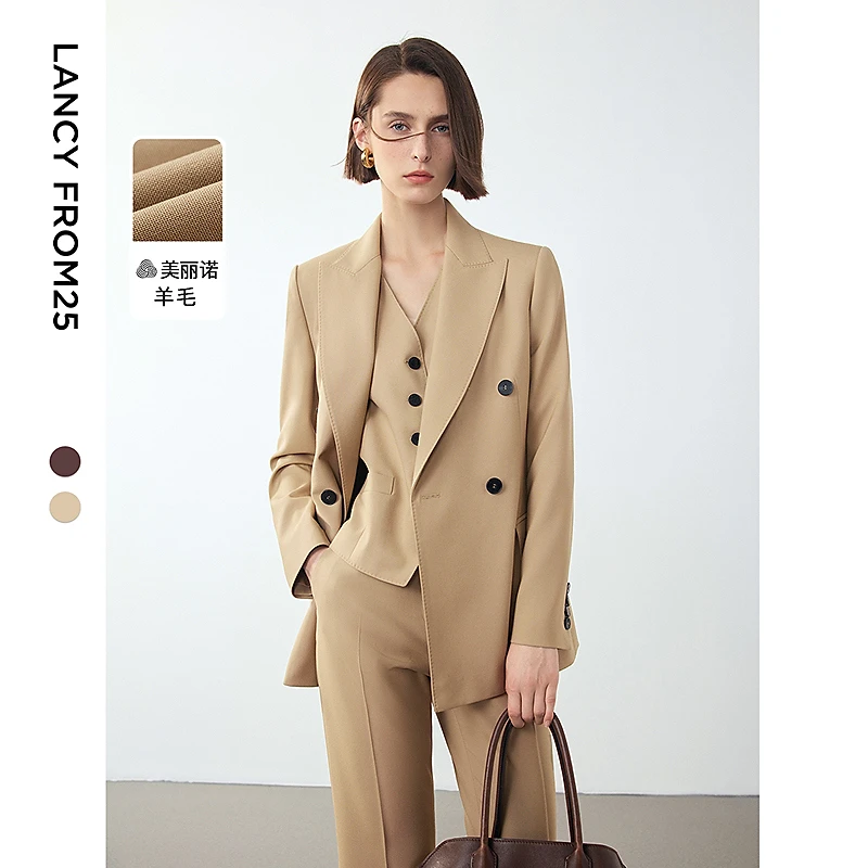 朗姿2024冬季新款法式高级感商务纯羊毛西装外套职业长袖西服上衣