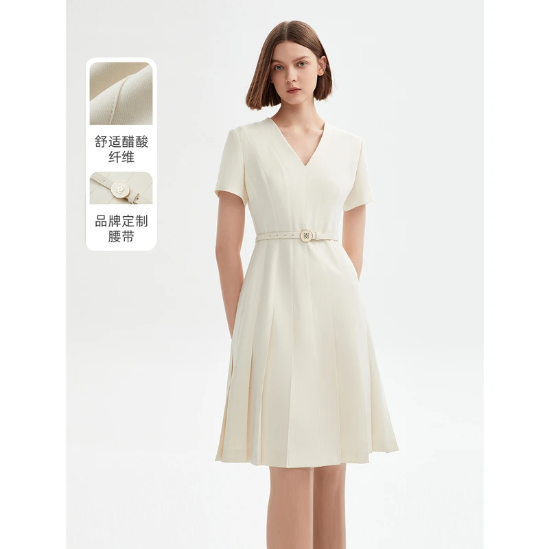 【朗姿三醋酸Basic衣橱】法式收腰白色连衣裙夏新款裙子明星同款