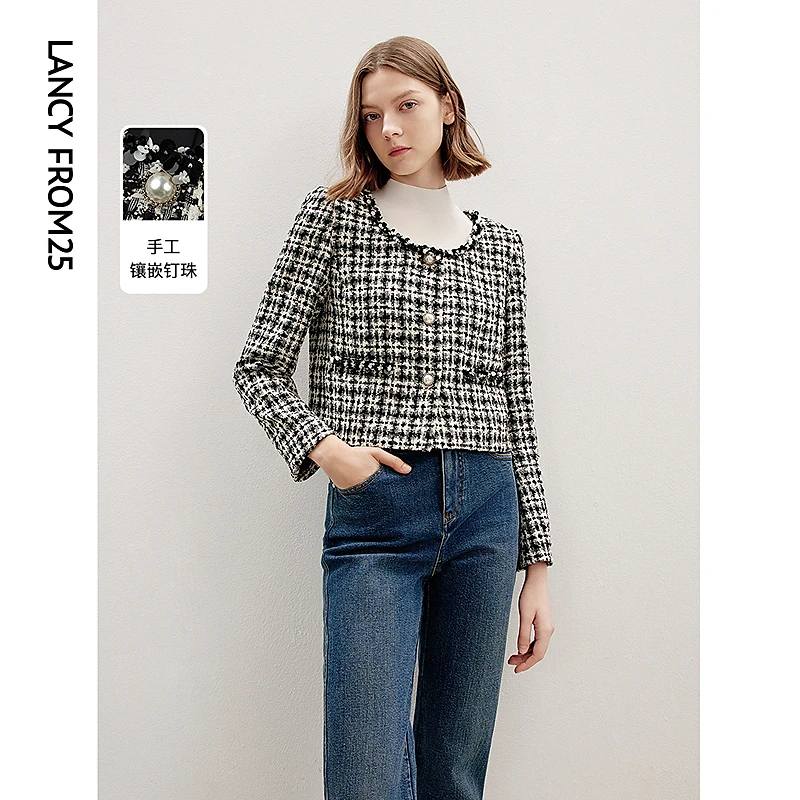 朗姿复古高级感法式时尚粗花呢小香风短外套上衣女2024年秋季新款