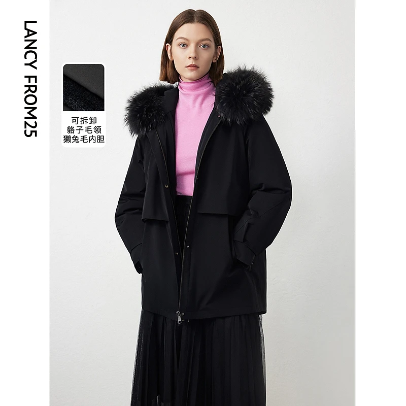朗姿法式气质高端黑色派克服女冬季新款外套大衣高级感