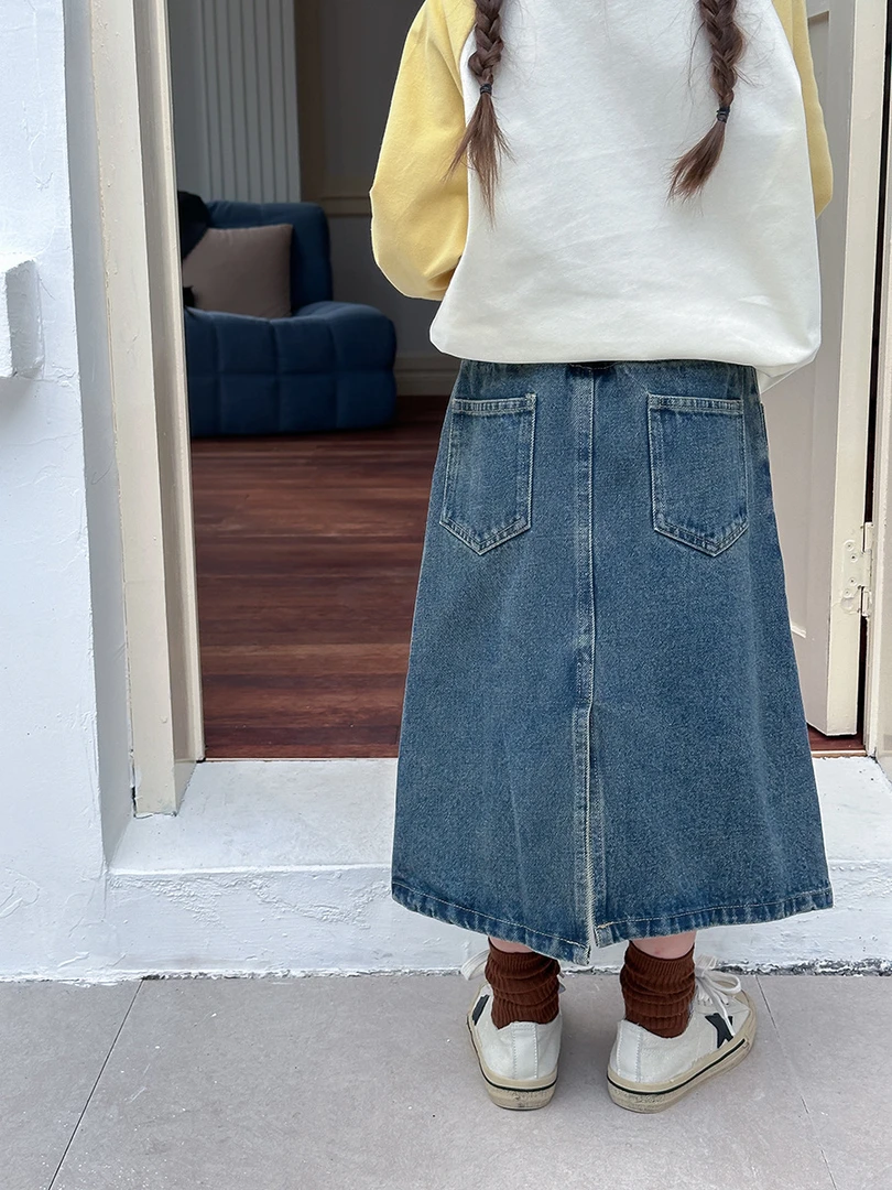 【现货已开价】儿童中长款A字半身裙韩版时髦休闲开叉牛仔裙 24Y005