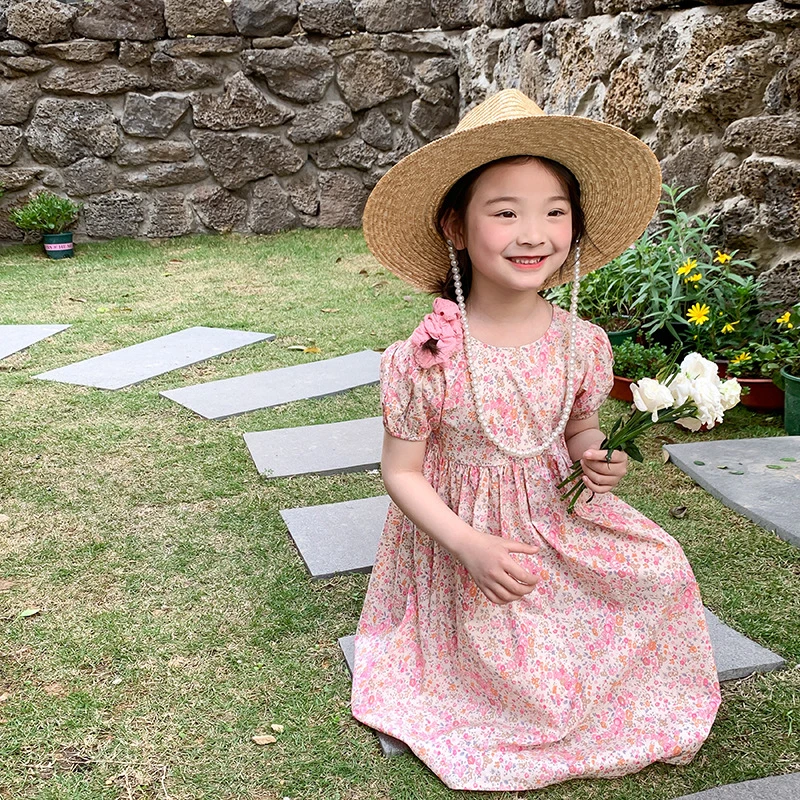 【现货】女童粉色碎花露背裙子夏新款儿童甜美气质公主连衣裙 E006