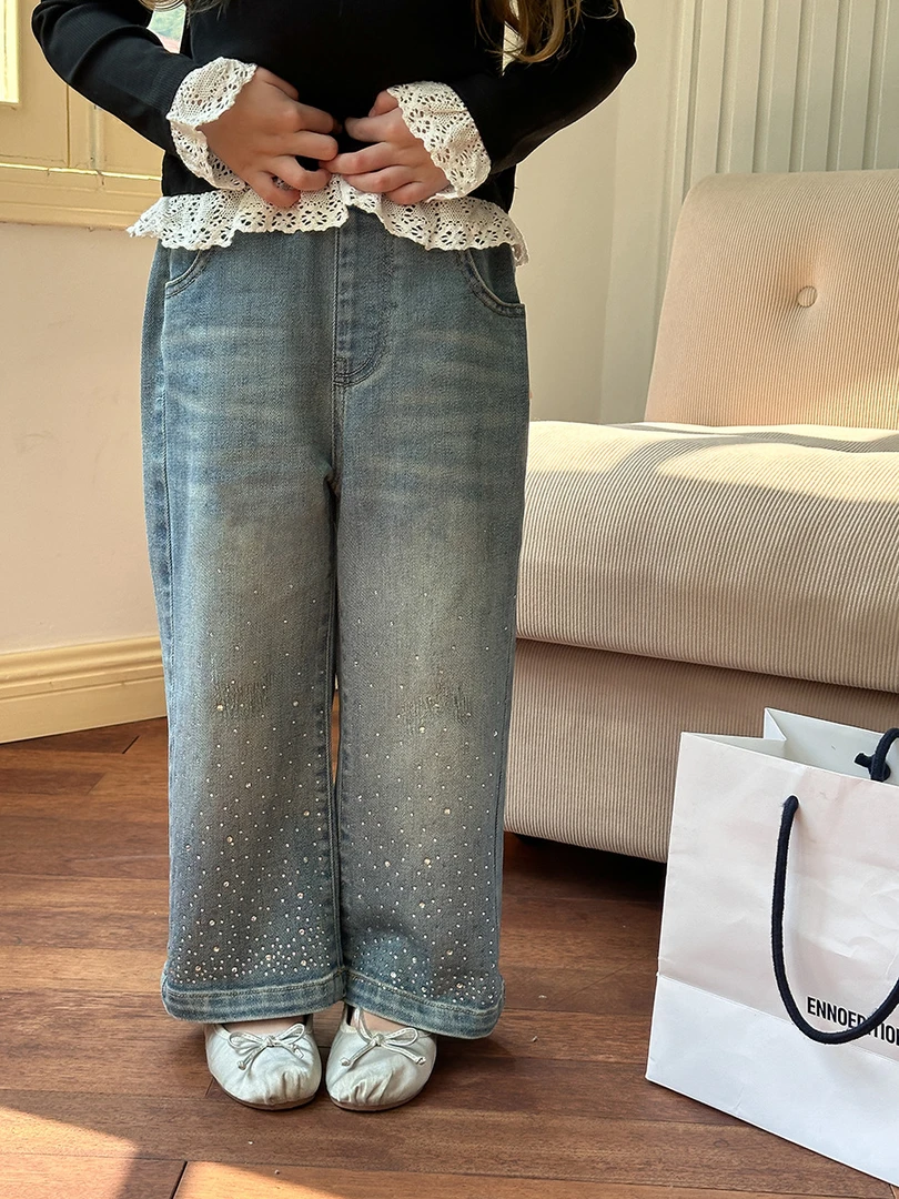 【现货已开价】儿童裤子儿童做旧磨白亮晶晶设计微弹牛仔裤 24Y064