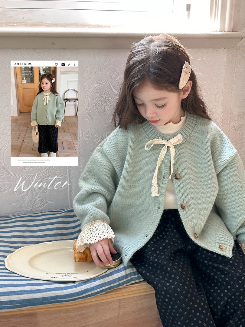 【现货已开价】气质蕾丝蝴蝶结系带毛衣针织衫上衣 24A163