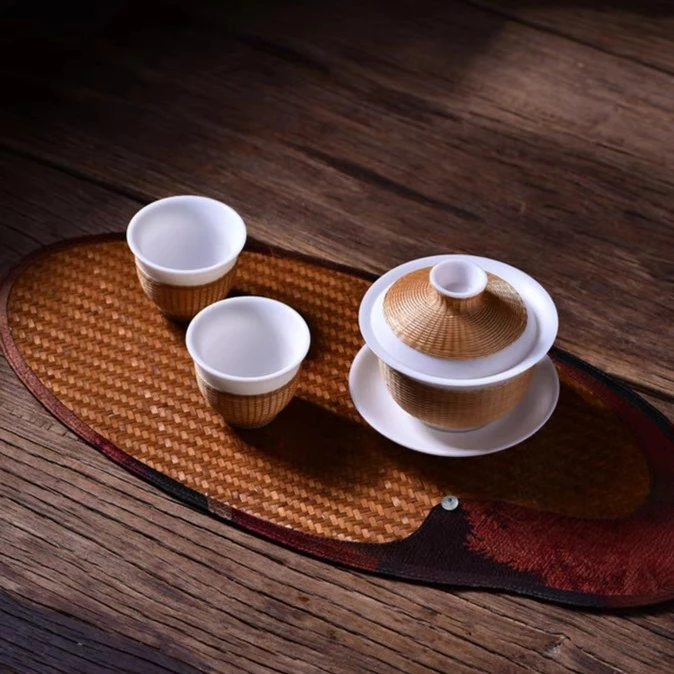 中式复古竹编茶席香云纱面衬葫芦藤茶席功夫杯垫布壶垫茶垫杯托
