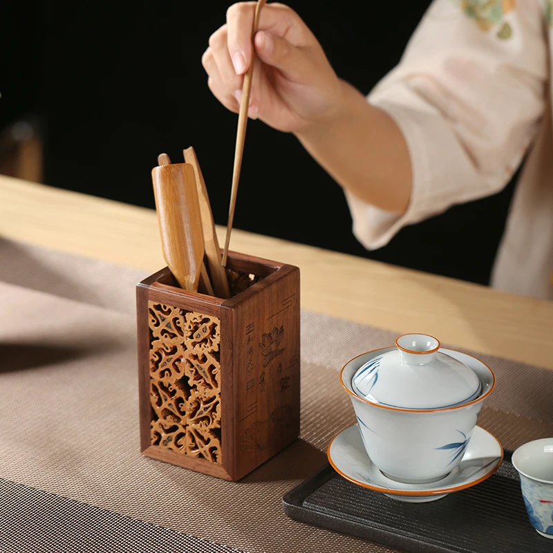 手工核桃拼接实木笔筒防开裂多功能圆形笔桶茶道桶办公室茶道配件