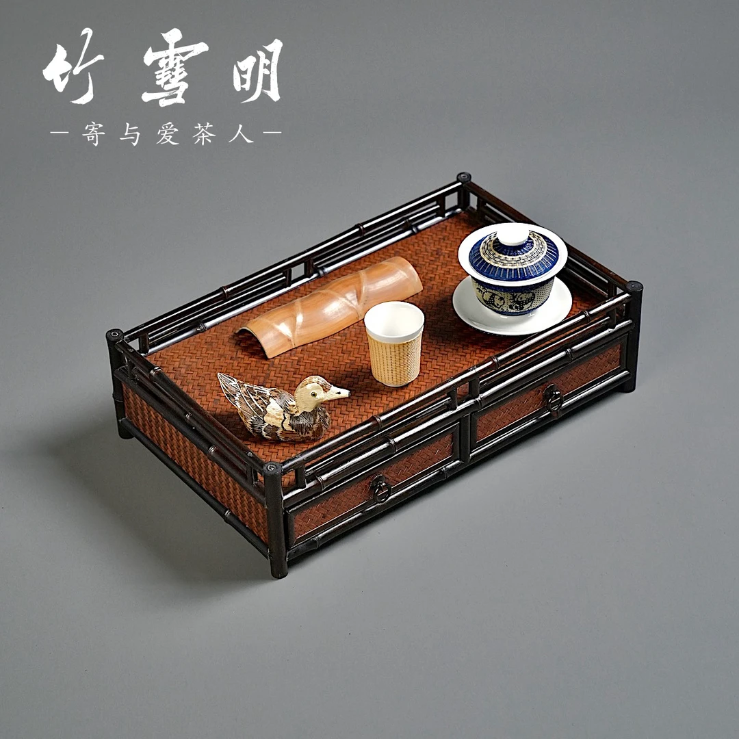 竹雪明|老紫竹茶具收纳盘茶宠茶箱桌面摆件古文玩展示架茶器抽屉