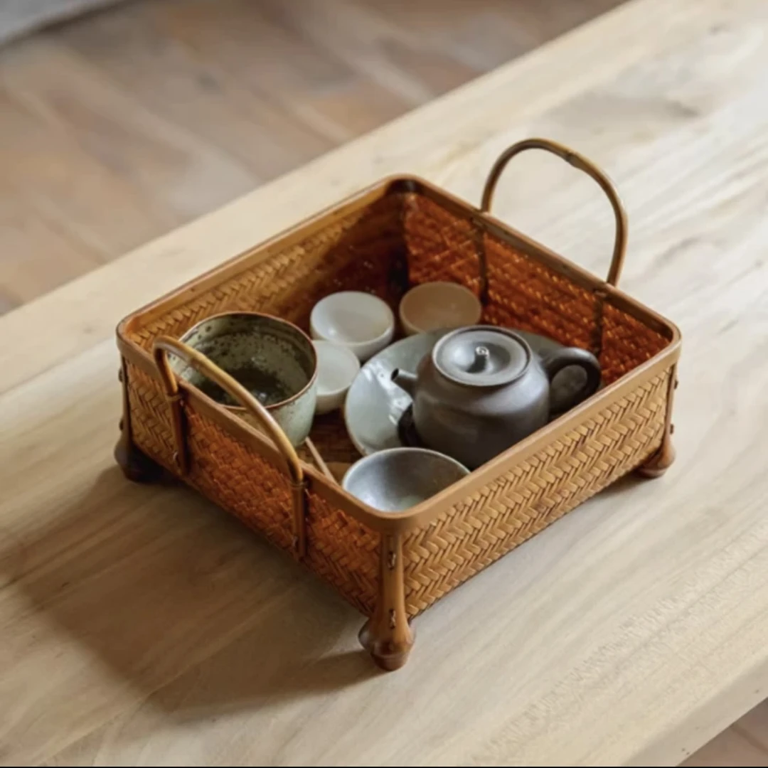 大漆手工竹编家用茶具收纳篮水果收纳筐果篮手提桌面收纳杂物筐