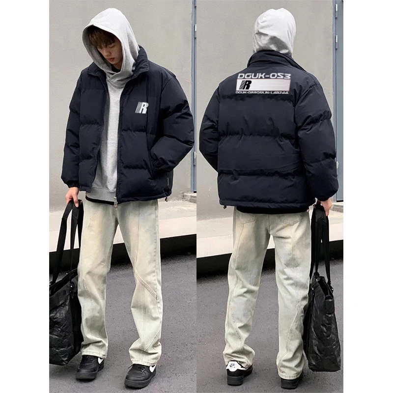 美式vibe高街印花立领棉服男女冬季潮牌百搭宽松情侣加厚棉衣外套