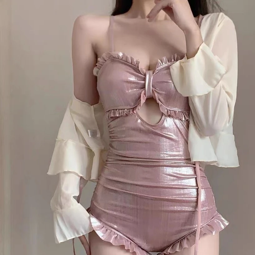 XYT【亮闪粉】泳衣女连体三角罩衫两件套比基尼聚拢显瘦遮肚泳装