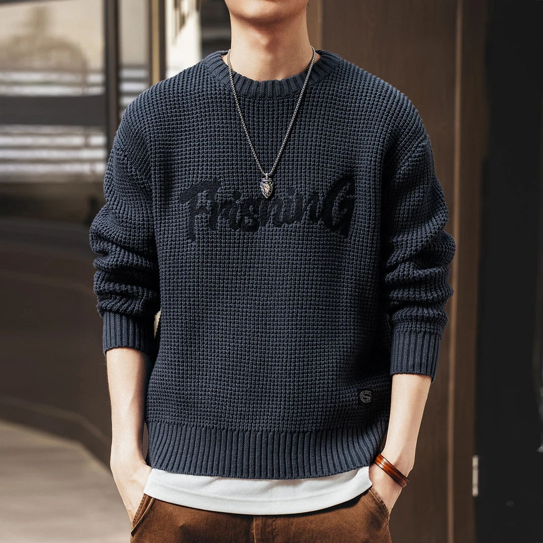 VUAS美式复古粗针菠萝纹毛衣男秋季宽松重磅圆领加厚休闲针织衫
