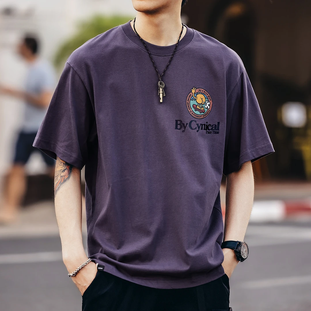 VUAS高端32支双纱平纹重磅短袖t恤男夏季潮牌宽松紫色纯棉体恤