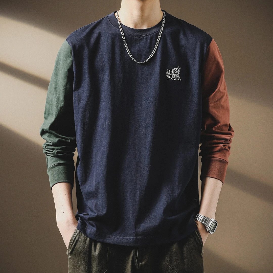 高端个性拼色纯棉男士长袖T恤2024秋季新款潮牌体恤宽松休闲上衣