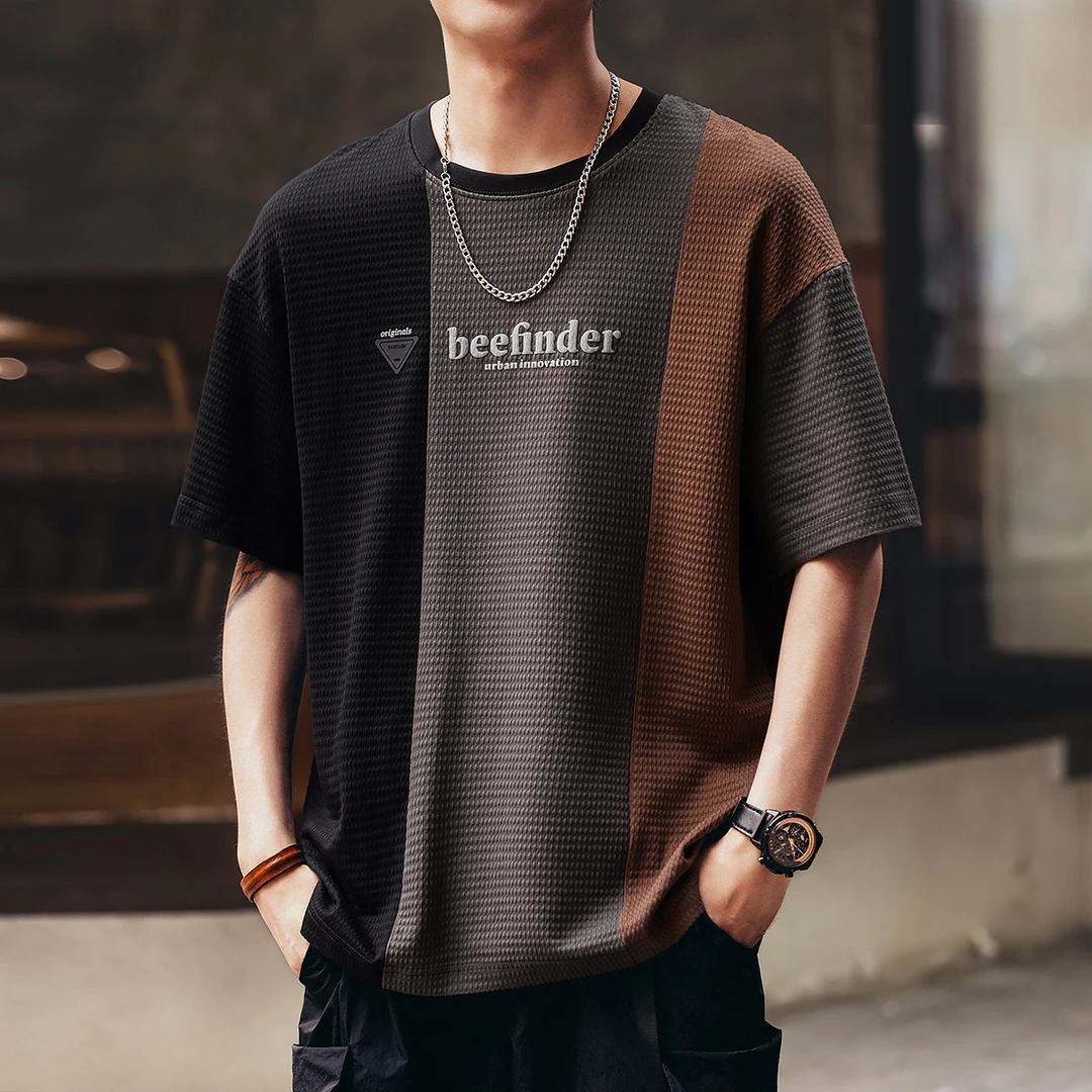 VUAS美式拼接撞色华夫格短袖t恤男夏季宽松大码休闲半袖体恤