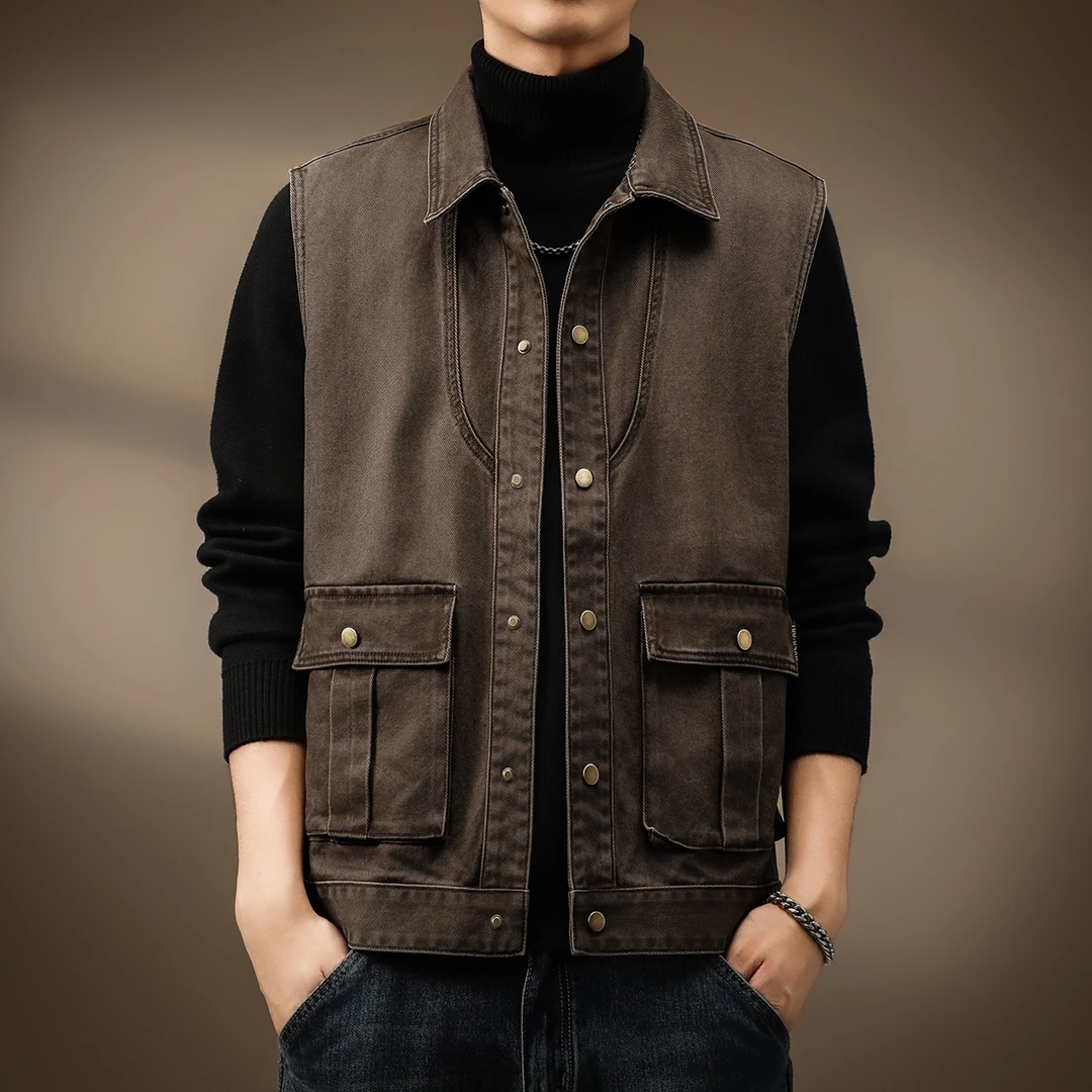高端美式翻领无袖马甲男秋季新款户外钓鱼宽松休闲复古工装外套男