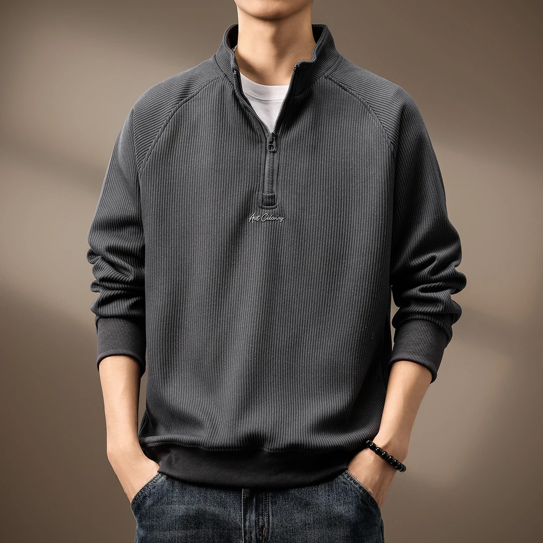 高端重磅简约刺绣针织半拉链立领卫衣男秋季新款休闲宽松上衣外套
