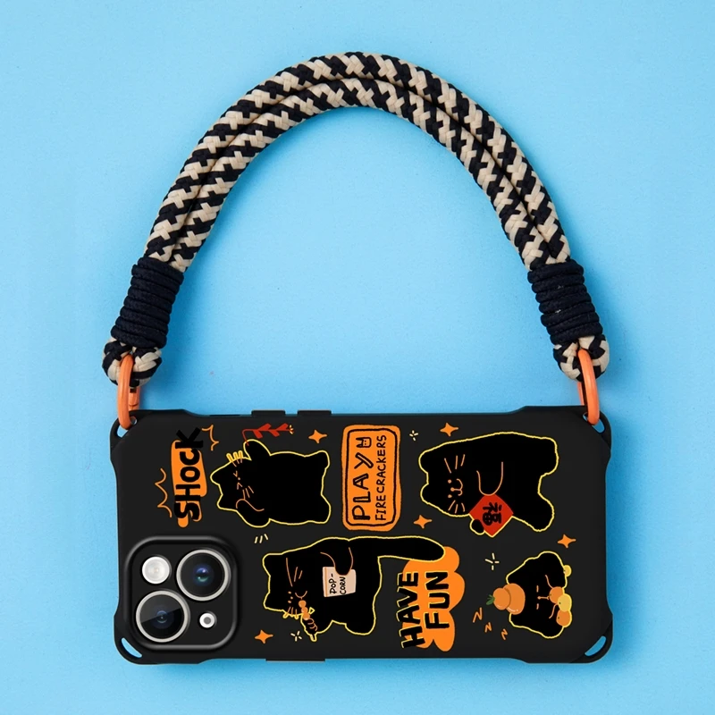 创意黑猫适用于苹果15手机壳四角挂绳iPhone华为oppovivo小米潮流