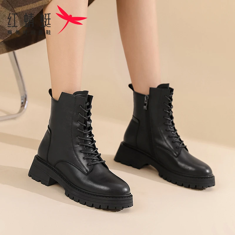 【红蜻蜓正品】2025冬季新款短靴马丁靴加绒洋气品牌女靴子保暖女鞋