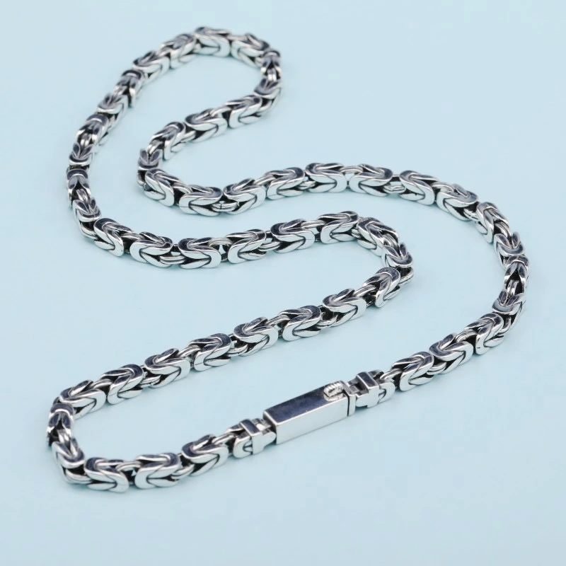 链子925银 纯银925复古插销扣平安纹精工方龙骨项链