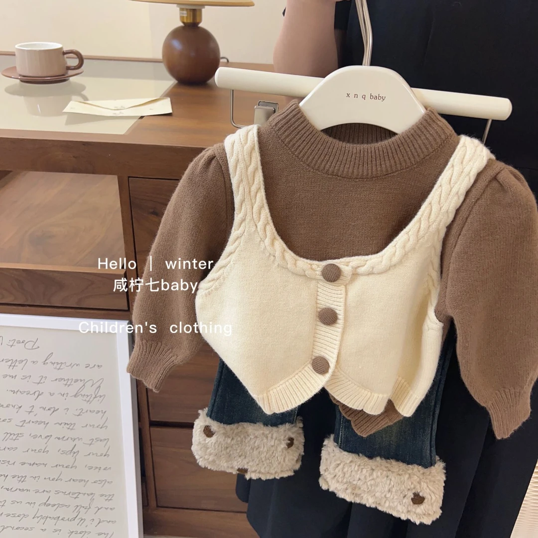 女童秋冬套装两件套女宝洋气假两件套毛衣加绒牛仔裤休闲两件套秋