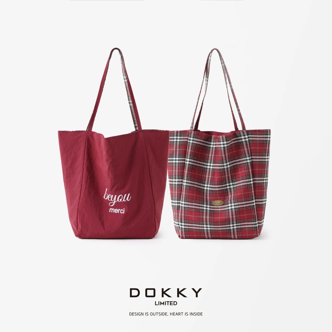 【INS学院包】DOKKY好韩范！酒红格子双面可背|单肩大容量帆布托特包