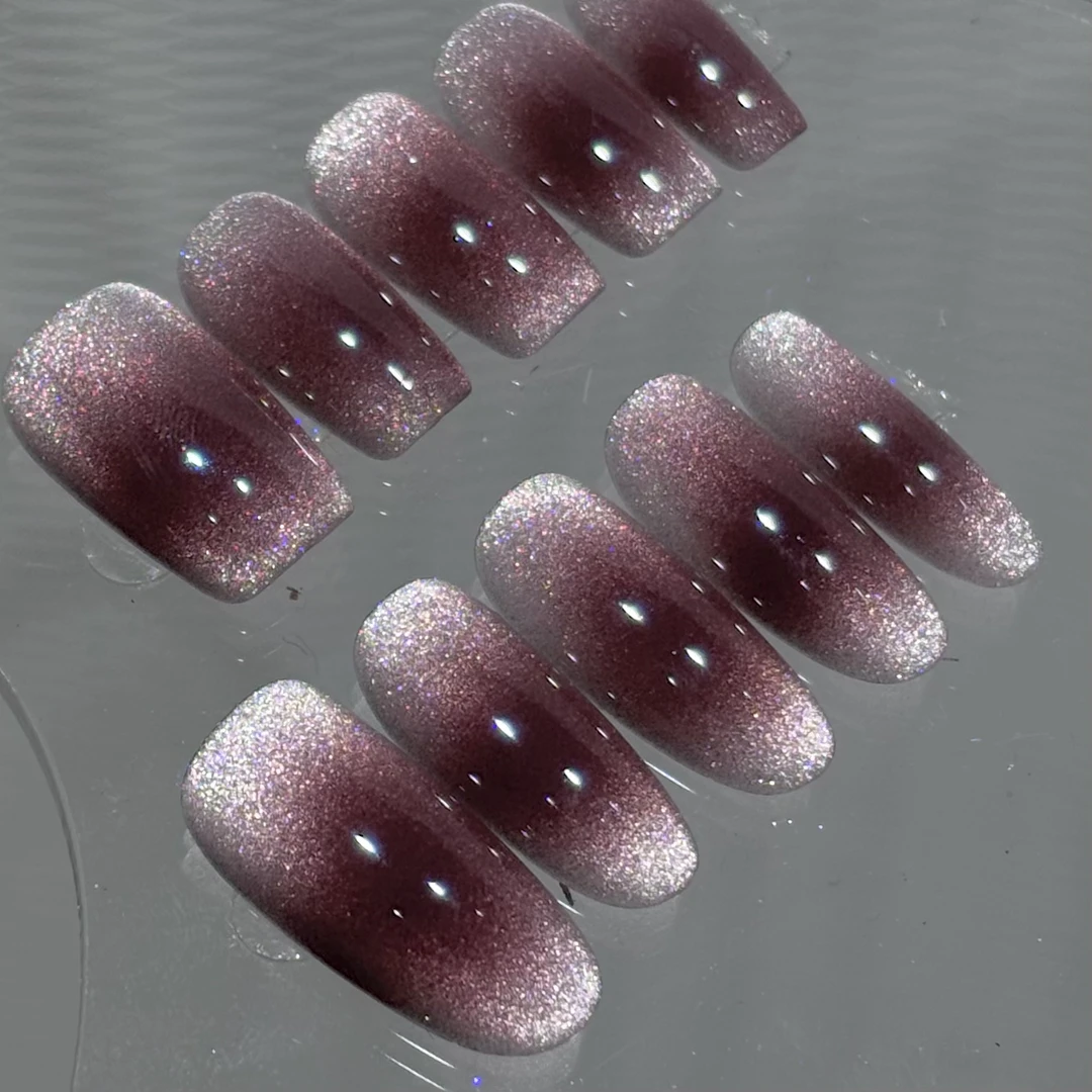 「S1131」低饱和暗夜玫瑰色腮红满光猫眼手工穿戴甲18种甲型定制