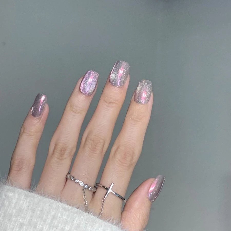 「S427落樱缤纷」双色烟花晶莹剔透偏光猫眼美甲纯手工穿戴甲型定制