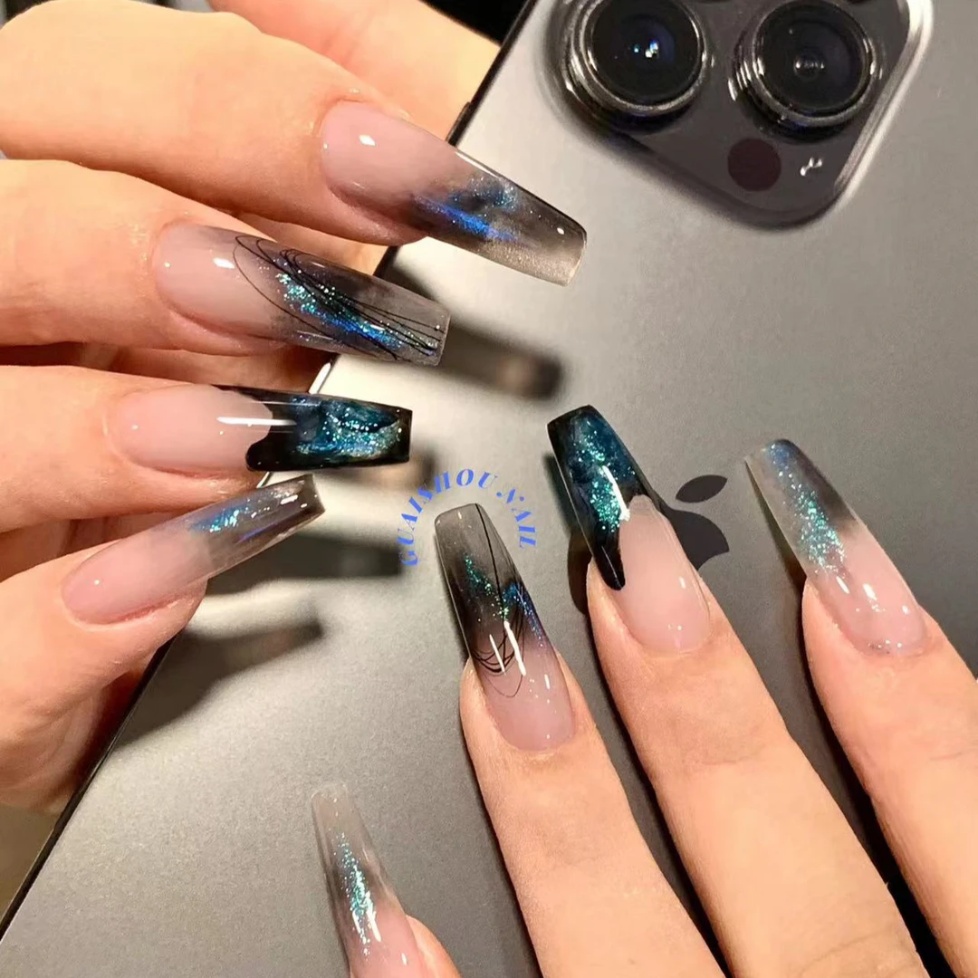 「S1493」电光细闪黑色渐变晕染显白纯手工穿戴甲 18种甲型定制