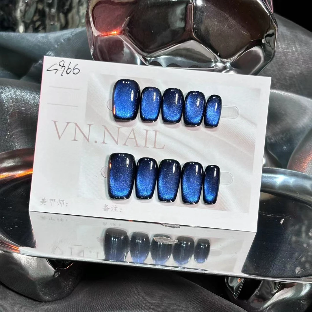 「S966」黑底宝蓝色满甲玻璃珠猫眼显白纯手工穿戴甲 18种甲型定制