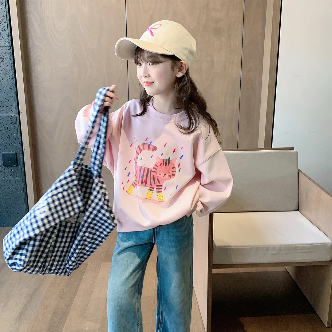 女童卫衣2024春装新款韩版儿童小猫印花上衣春秋休闲套头衫W24121