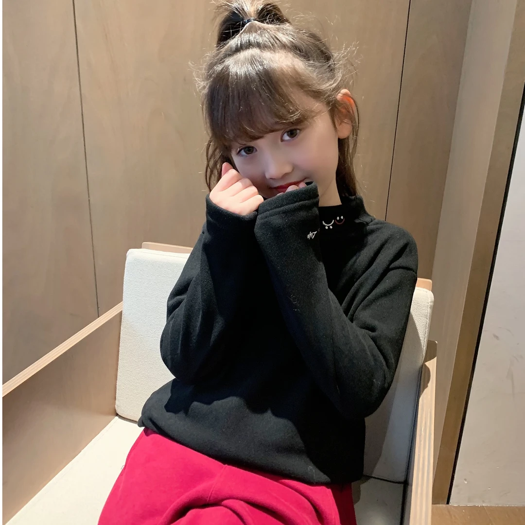 【加绒德容】长袖女童德绒笑脸刺绣加绒韩版儿童打底衫上衣T24402