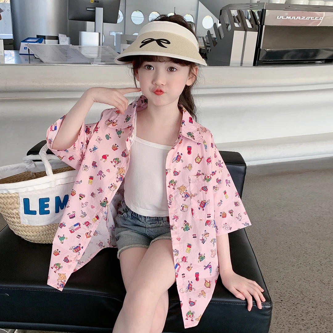 女童外套2024夏装新款儿童复古港风动物印花衬衫夏季上衣S24200
