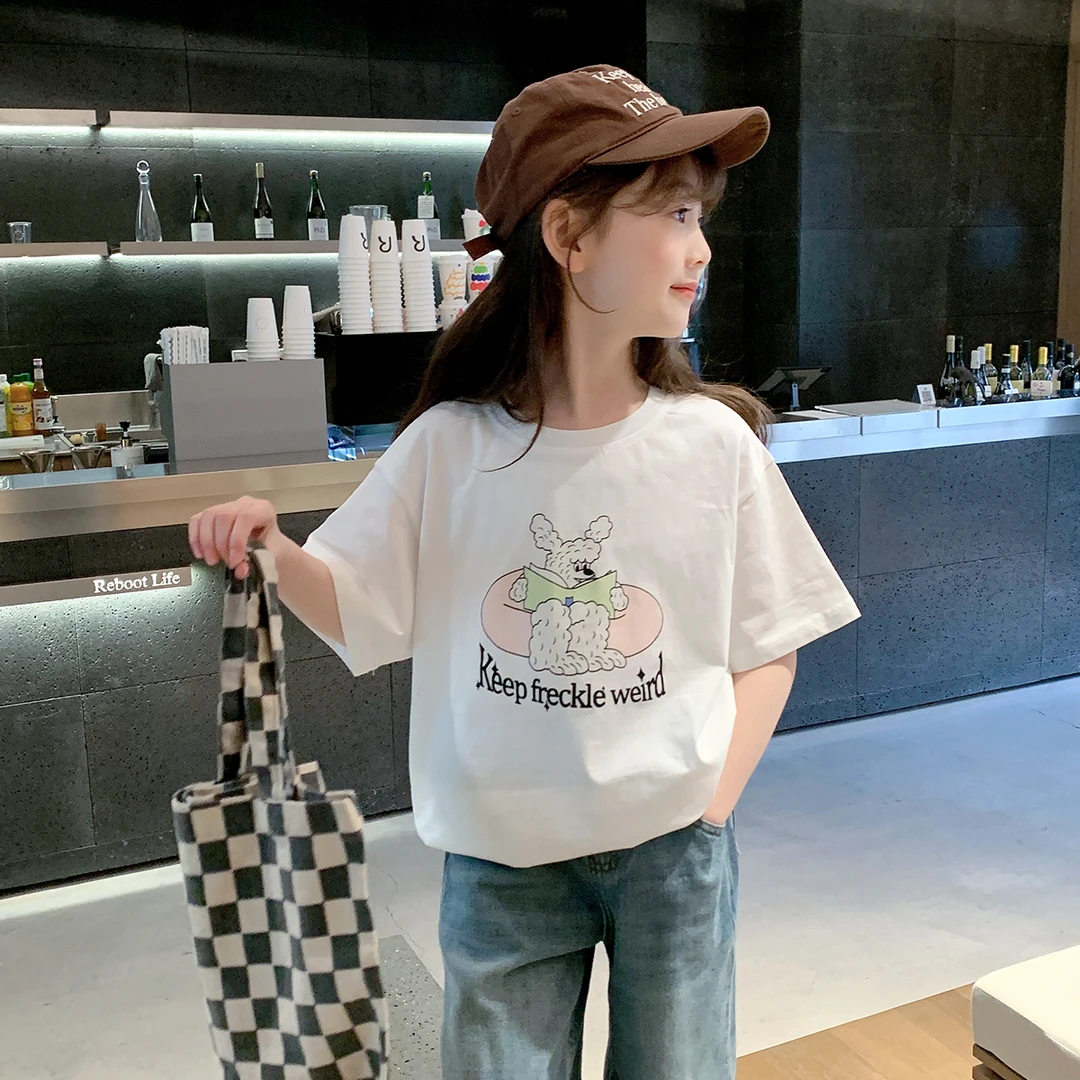 女童短袖T恤2024春装新款韩版儿童卡通印花上衣打底衫潮T24112