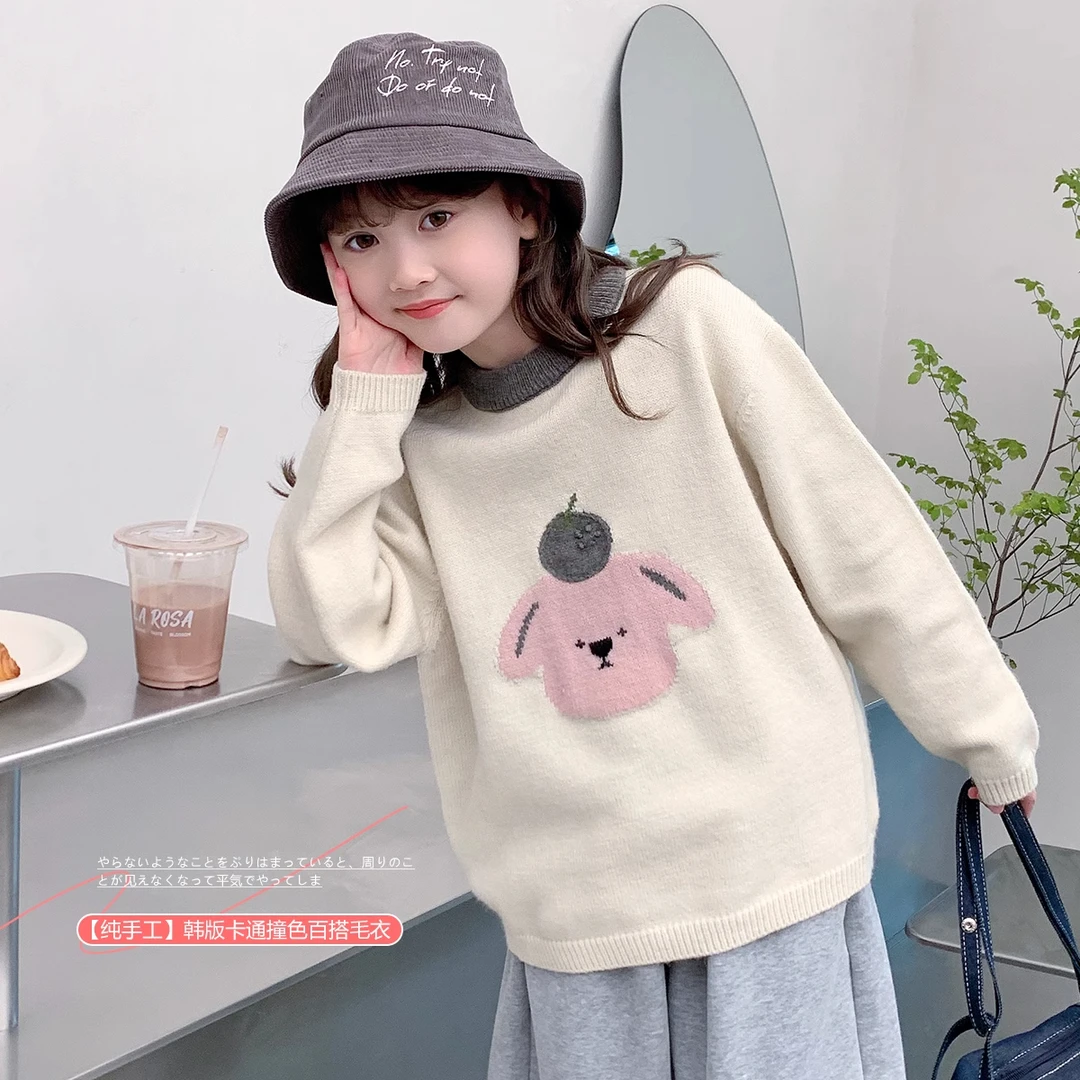 女童圆领毛衣2024冬季新款洋气儿童套头针织衫保暖长袖上衣A24409