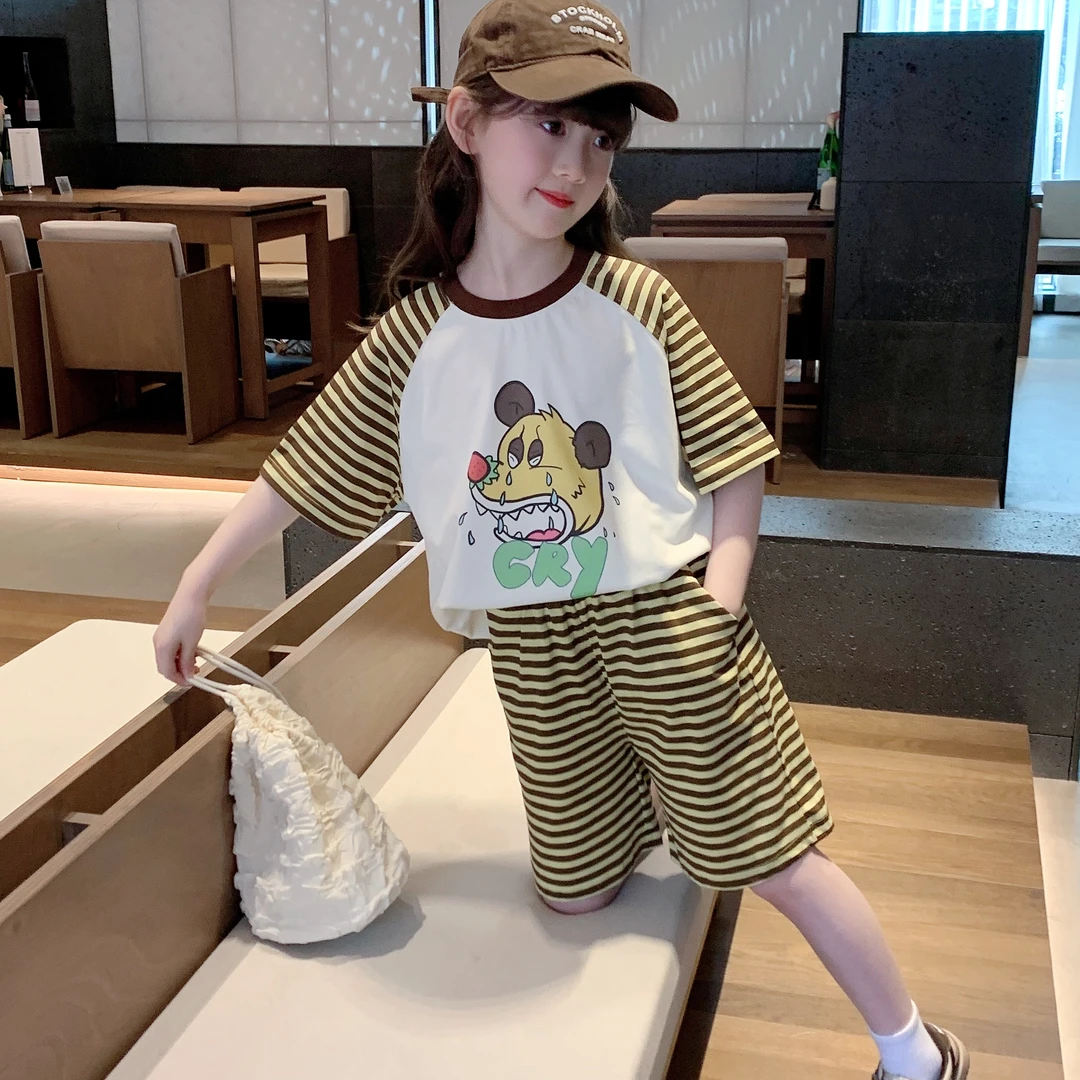 女童套装2024夏装新款儿童韩版洋气插肩袖休闲宽松两件套B24238