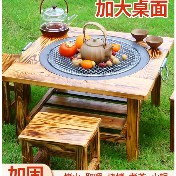 实木架子木炭烤火盆家用室内冬季取暖炉铸铁老式烧烤炉围炉煮茶桌