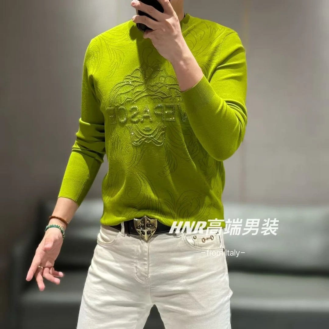字母美人头图案提花毛衣新款高端男士时尚休闲百搭针织衫24065