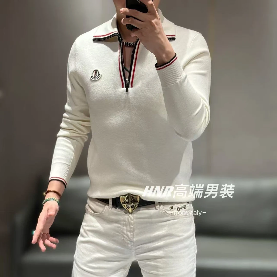 半拉链条纹翻领新款高端男士时尚休闲百搭潮流长袖针织衫77286