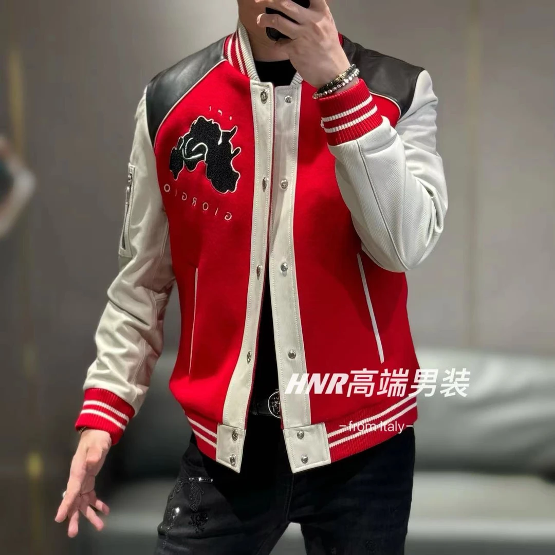 【乔治雷迪尼品牌】绵羊皮拼接新款羊毛棒球领拉链夹克0105